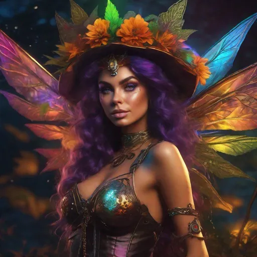 Prompt: Dynamic. Cinematic. Shes a beautiful, ((colorful)), Steam Punk, cannabis, witch. (spectacular), Winged fairy, with a skimpy, ((colorful)), sheer, flowing outfit, on a Halloween night. ((Wide angle)). Detailed Illustration. 8k.4k. Full body in shot. Hyper realistic painting. Hyper realistic photo. A ((beautiful)), shapely, woman with, {{{{anatomically real hands}}}}, and ((vivid)) colorful, ((bright)) eyes. Sony a7 IV. ((Enscape Render)). Concept art