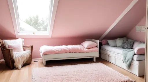 Prompt: attic room, triangular nook, comfy throw pillows, soft comforter, books lying around, a sleeping tabby cat with eyes closed, pastel colors, no bed, large glass windows
