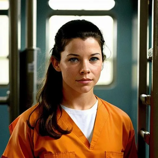 Prompt: Young Evangeline lilly in prison wearing orange scrubs prison uniform