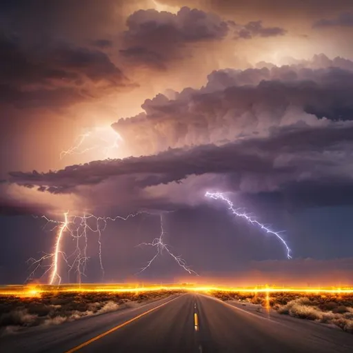 Prompt: rolling dramatic desert landscape, sand dunes, clouds, storm, lightning striking with electricity with electric truck alone on a road
