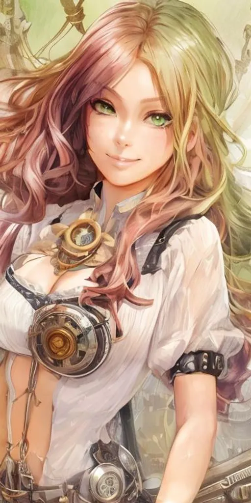 Prompt: extremely realistic, hyperdetailed, extremely long green wavy hair anime girl, blushing, smiling happily, wears steampunk clothing, toned body, showing abs midriff, highly detailed face, highly detailed eyes, full body, whole body visible, full character visible, soft lighting, high definition, ultra realistic, 2D drawing, 8K, digital art