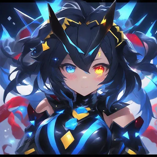 Prompt: Magical Transformation Girl, Black costume with blue trim, blue lightning ribbons, red zigzag gem, blue spikes, Cloud-like Black hair with blue highlights, glowing yellow eyes, masterpiece, best quality