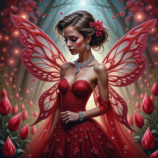 Prompt: Fairy goddess of rubies, shimmering in resplendent scarlet and deep crimson hues, ethereal wings glimmering with intricate designs, floating gracefully amidst a mystical forest backdrop filled with vibrant wildflowers and soft glowing lights. Magical gaze, adorned in elegant ruby-encrusted gown, exuding an aura of enchantment and elegance, surrounded by dazzling ruby crystals reflecting light, ultra-detailed, high-definition, enchanted atmosphere.