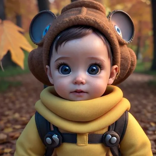 Prompt: an ecopunk baby, 3d Disney movie of a very cute little baby, Pixar inspired, Disney, clear detailed beautiful face, huge brown eyes, adorable. Autumn vibes. 8k octane render unreal engine