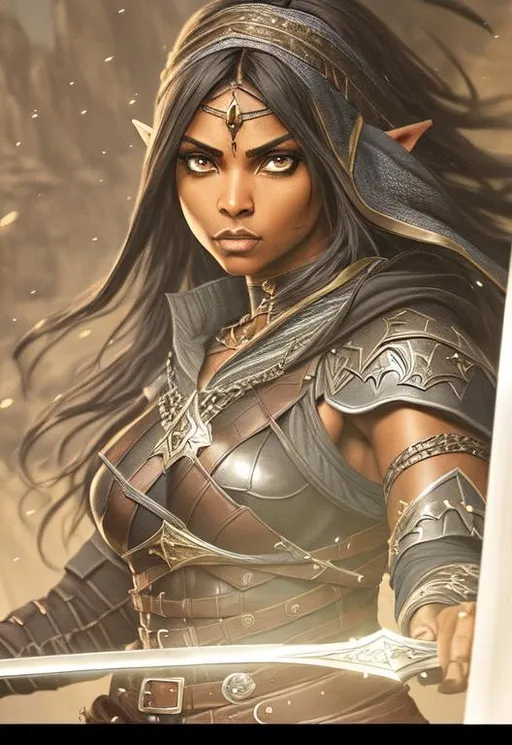 Prompt: Strong + Turkish Woman with elf ears + brown skin + wizard armor + long sword + Full HD render + immense detail + dramatic lighting + well lit + black, character sheet, + fine esoteric symbolism | ultra - detailed realism, soft cinematic lighting, high - quality, engraved | highly detailed |digital painting, artstation, concept art, smooth, sharp focus, Nostalgic, ethereal, nebula, 8k, hyper detailed, intricate detail, photorealistic, space void galaxy universe