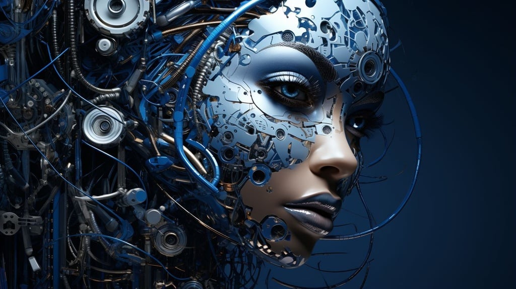 Prompt: art & design|abstract art|abstract art wall art|abstracts wall art | computer desktop wallpapers | photo wallpapers | 3d, in the style of whimsical cyborgs, realistic hyper-detailed portraits, dark silver and indigo, afrofuturism, human connections, strong facial expression, realistic hyper-detailed rendering