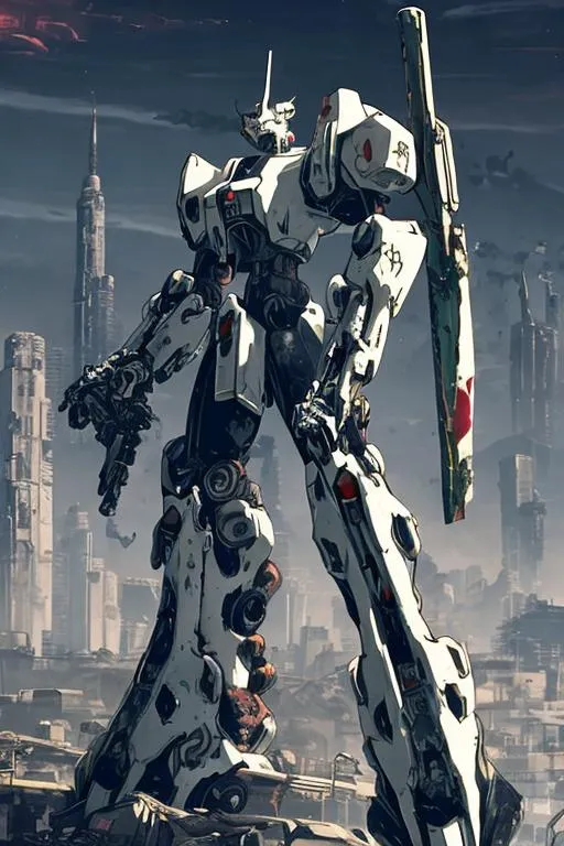 Prompt: A white mecha with complex design with a sword on the left arm and a rifle on the right with a ruined city as background 