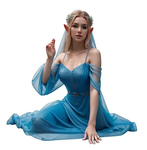 Prompt: beautiful D&D elf woman in long diaphanous blue gown, hand upraised showing a magic glow, very beautiful, gown mostly transparent,  lying on a stone slab with cushions