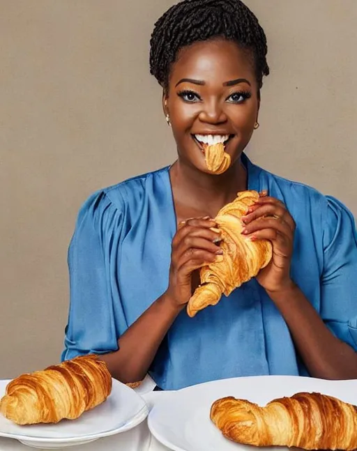 Prompt: photo realistic portrait of Ghanaian woman eating croissant soft lighting


