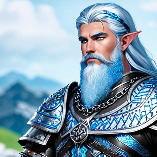 Prompt: An Elven barbarian wearing blue and silver Viking/Roman style chain mail armor with a white and blue tunic, with blue skin from Argyria. white hair, green eyes, long white viking beard.