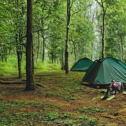 Prompt: a green forest realistic camp in forest near river with a man 