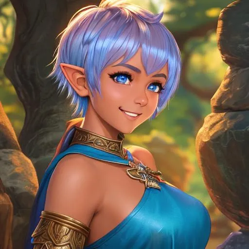 Prompt: oil painting, D&D fantasy, tanned-skinned-gnome girl, tanned-skinned-female, short, beautiful, short bright blue hair, long pixie cut hair, smiling, pointed ears, looking at the viewer, Wizard wearing intricate wizard outfit, #3238, UHD, hd , 8k eyes, detailed face, big anime dreamy eyes, 8k eyes, intricate details, insanely detailed, masterpiece, cinematic lighting, 8k, complementary colors, golden ratio, octane render, volumetric lighting, unreal 5, artwork, concept art, cover, top model, light on hair colorful glamourous hyperdetailed medieval city background, intricate hyperdetailed breathtaking colorful glamorous scenic view landscape, ultra-fine details, hyper-focused, deep colors, dramatic lighting, ambient lighting god rays, flowers, garden | by sakimi chan, artgerm, wlop, pixiv, tumblr, instagram, deviantart