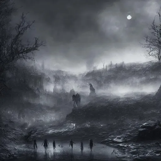 Prompt: fantasy setting with walking skeletons along a shore at night with a full moon, HD, hdr, darkened, wet graphite, 4k, hyper-realistic, photo realistic, ar 16:9