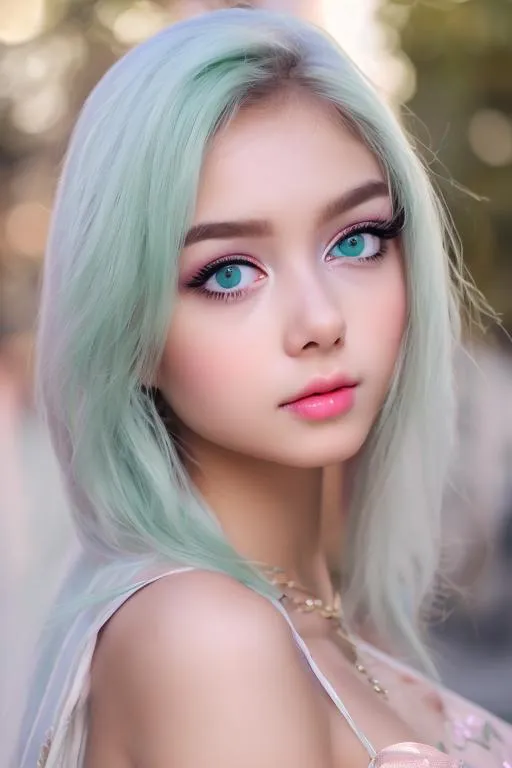 Prompt: Beautiful lady wearing light green dress, anime, fined features, 8K, fair and glossy skin, big sky-blue eyes, light makeup, fashion jewelry, baby pink lips, no marks/scratches on face, clear and clean skin