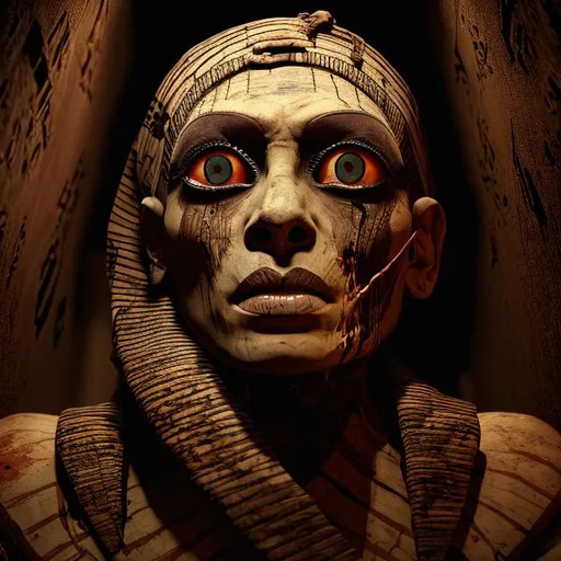 Prompt: Scary egyptian mummy rising from its tomb with bloodshot eyes, cinematic