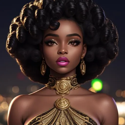 Prompt: Hyper-realistic, perfect, beautiful,group, BLACK,girl with high detailed messy PIN CURLS,wearing,high detailed,  lavish versace print and highly detailed beautiful eyes, 8K, in the city lights ,year 2332