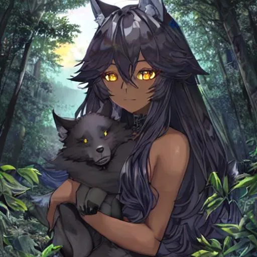 Prompt: dark skin wolf girl holding a wolf pup in a forest as the moon shines on them.