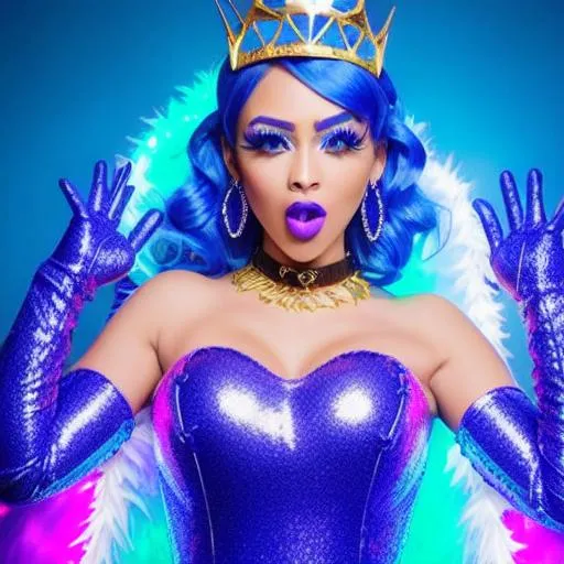 Prompt: Pokimane with ultradetailed large shiny blue lips, Blinding Heart Earrings, Blue Xtra Large Metal Ball Gown, Rainbow Sugar Gloves with Purple Fur, Glowing Blue eyes, Artisans Cut Gleaming Ice Cream Tiara. Pristine Green hair, confident facial expression, Full eyebrows with blue tint, Crocodile necklace, Wintry Aura, Black Armor Plated Shoulders, Cake Covered gold wand, Sharp Nails, Auroras in eye of hurricane. Blue Moon. High resolution, Realistic, Cold color scheme, high radiance.