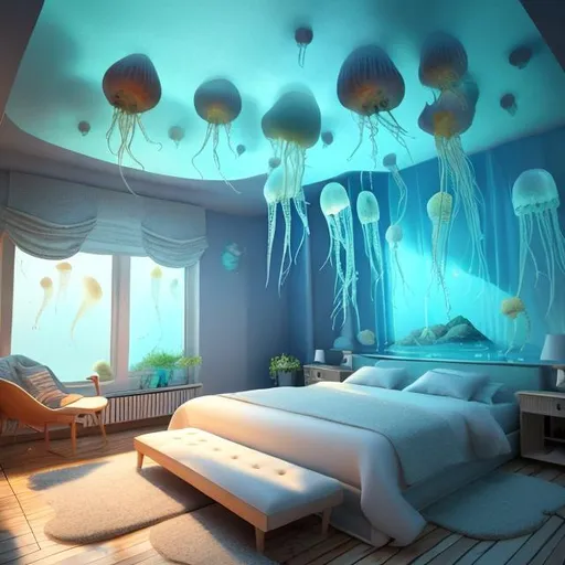 Prompt: Cozy bedroom filled with water and jellyfish