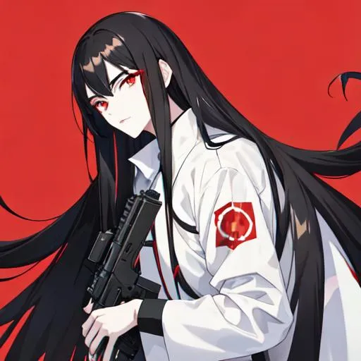 Prompt: 1male (pale) (long black hair) (red eyes) holding a gun, nuclear fallout