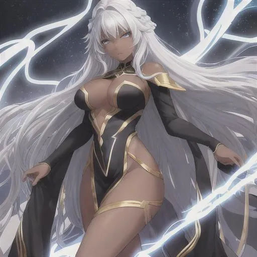 Prompt: Ebony Storm Marvel, Long Hair, Dark Blue Eyes, Goddess, Black and Gold Dress, White Lightning, Dark Skinned, White Hair