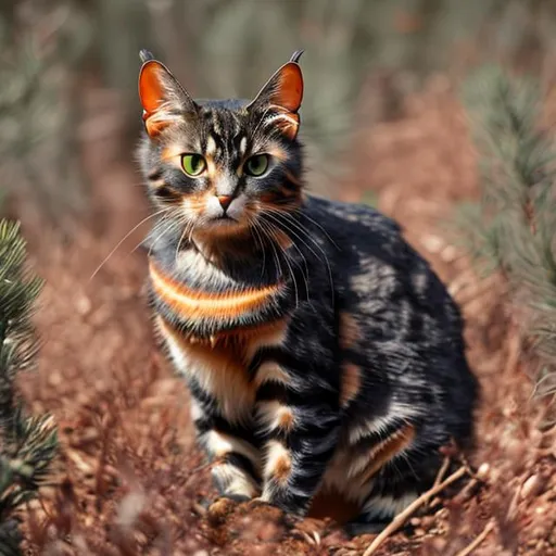 Prompt: Tortoiseshell cat standing in the middle of a pine forest