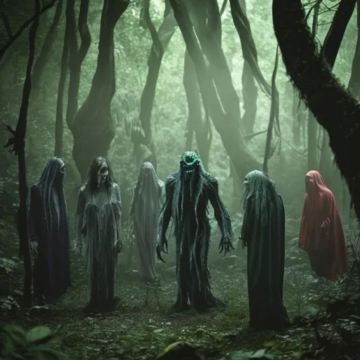 Prompt: demonic entity possesses a group of people in a forest