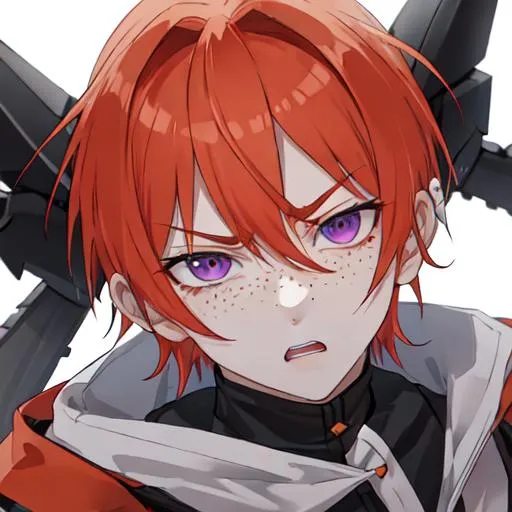 Prompt: Erikku male adult (short ginger hair, freckles, right eye blue left eye purple) UHD, 8K, Highly detailed, insane detail, best quality, high quality, in pain, angry, fighting with a chainsaw