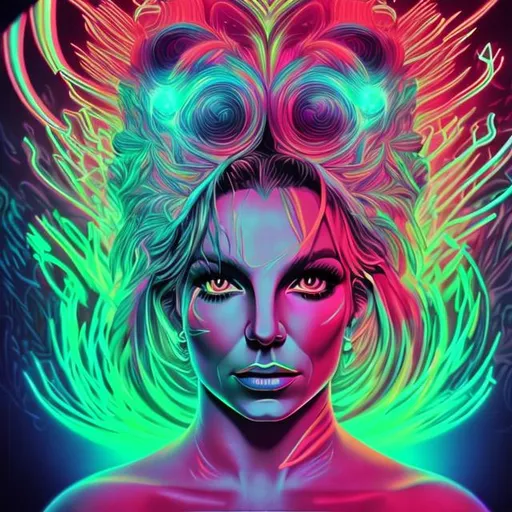 Prompt: Hypnotic illustration of Britney Spears  and Sam Asghari , hypnotic psychedelic art, pop surrealism, dark glow neon paint, mystical, Behance 