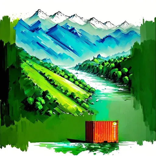 Prompt:  A 40ft high cube open side shipping container is seen floating on a river surrounded by lush green hills and mountains, symbolizing its journey around the world. The image should be painted in gentle hues, with expressive brushstrokes that convey motion and adventure. 