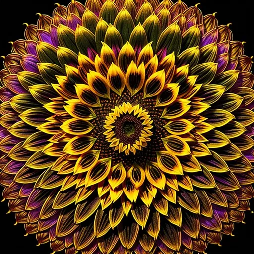 Prompt: extreme closeup, dark, Epic, Beautiful, Plasma {Sunflower} gold silver black, beautiful intricately-colored, symmetrical, Beautiful and Gorgeous, hyper realistic, expansive sunflower field background, hyper realistic, 64K --s99500