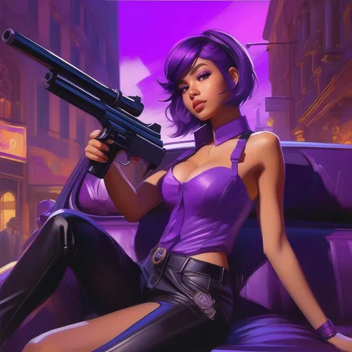 Prompt: Anime girl in Saints Row, guns, cartoony, purple atmosphere, extremely detailed painting by Greg Rutkowski and by Henry Justice Ford and by Steve Henderson