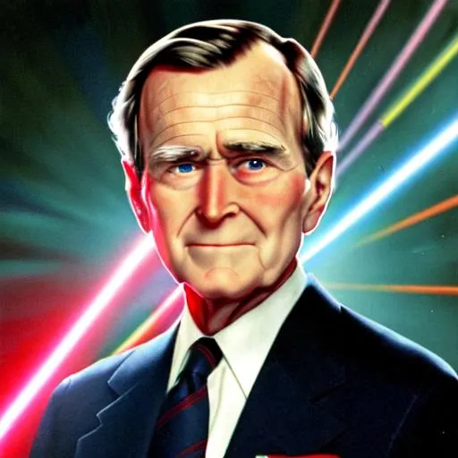 Prompt: a zoomed in picture on George H.W. Bush He is a super hero His eyes are glowing red with lasers