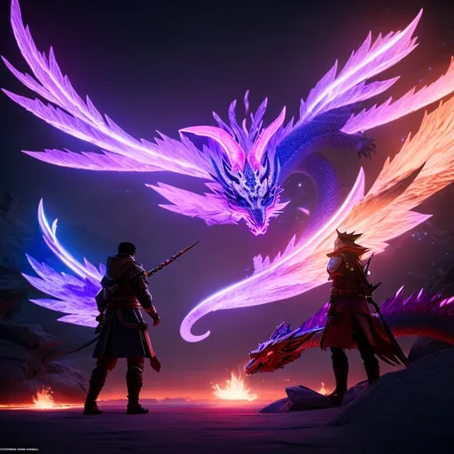 Prompt: a hunter confronting a white japanese dragon with purple flames, digital concept art, third person view, uncropped,