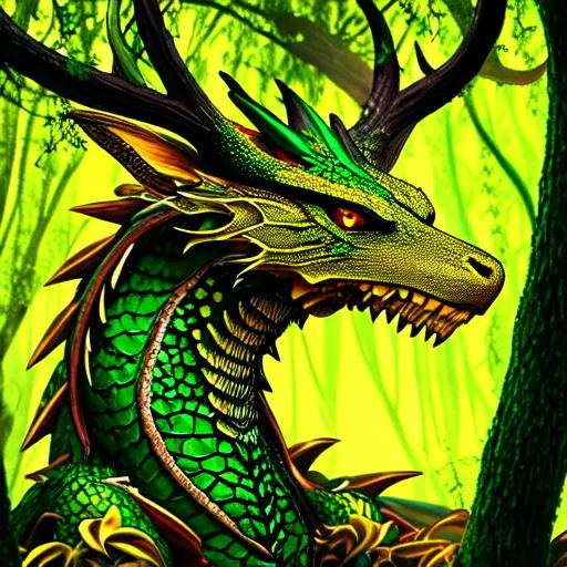 Prompt: dragon, green, yellow, tree on neck, deer skull head, full body, detailed head, vines, standing in forest