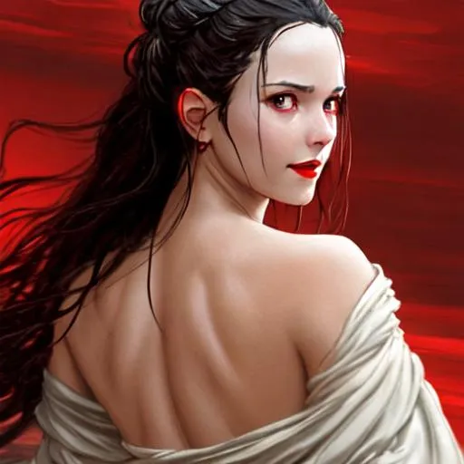 Prompt: rey from star wars {female character}, back to audience, longshot, flowing black hair + flowing white robes + intense red glow , {{back to camera}}, hyperrealistic, fantasy, soft light, concept art, zoom in, over shoulder, luis royo, red lips, smiling