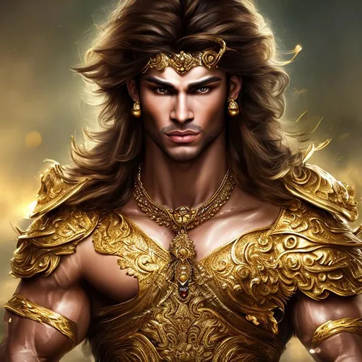 Prompt: A muscular man with attractive face wearing golden earrings thick golden necklace dresses like a warrior with a golden silver alloted aromour holding a flawless sword with golden handle wearing a pretty golden crown young prince handsome face looking confident about to attack fierce looks realistic hd art ultra realistic prince photo 