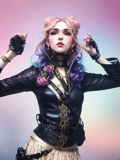 Prompt: steampunk portrait of Grimes the musician, blonde hair with pink highlights, pink lips - by Gustav Klimt and Alphonse Mucha, intricate, elegant, highly detailed, centered, artstation, smooth, sharp focus, octane render, 3d, artstation, precise lineart, vibrant, Conrad Roset, 8k resolution, hypermaximalist, intricate, highly detailed, concept art, realistic, colorful, vintage show promotional poster
