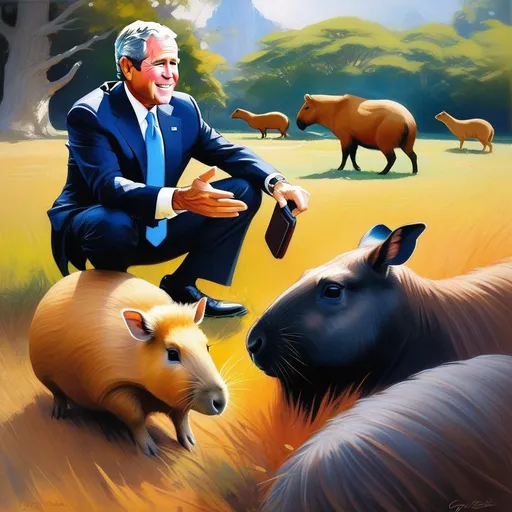 Prompt: George W Bush meets capybaras, anime style, extremely detailed painting by Greg Rutkowski and by Henry Justice Ford and by Steve Henderson 