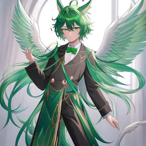 Prompt: Male is a small twisted pegasus-human bipedal animatronic hybrid, with focused emerald eyes. They identify as a Male. Emerald colored feathery wings and tail. Short dark Green ombre hair. horse ears. UHD, HD, 4K, green haze, anime style