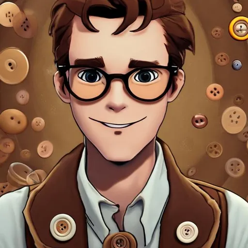 Prompt: A man with brown hair and glasses, he has lots of buttons on his jacket, dancing on the planet Pluto