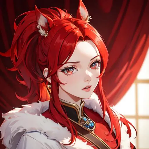 Prompt: Haley as a horse girl with bright red hair pulled back, wearing a casual royal outfit, UHD, highly detailed