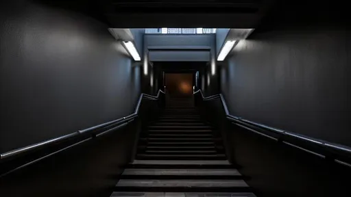 Prompt: This image shows a dark stairwell with light at the end. The stairs are symmetrical and lead up to an indoor area. The walls of the stairwell are black, and there is a metal handrail along one side for support. At the top of the stairs, there is an illuminated doorway leading into darkness