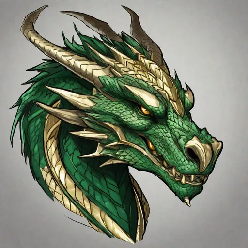 Prompt: Concept designs of a dragon. Dragon head portrait. Dragon head has a sleek appearance. Coloring in the dragon is predominantly forest green with light gold streaks and details present.