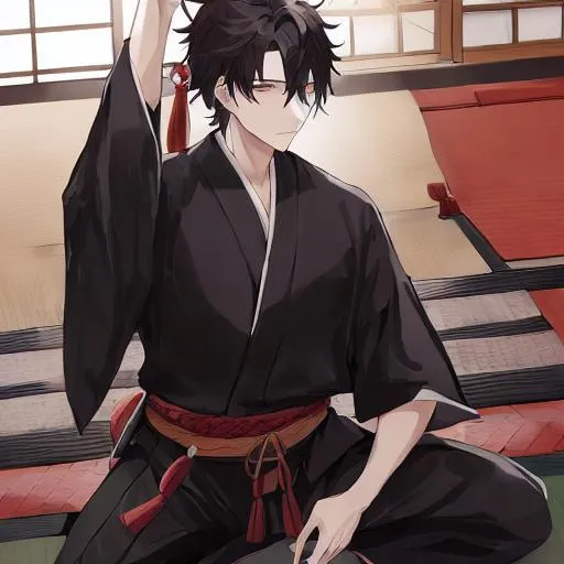 Prompt: a male with black messy hair wearing an outfit composed of a shitagi a black kosode , a black hakama a hakama-himo, white tabi , 