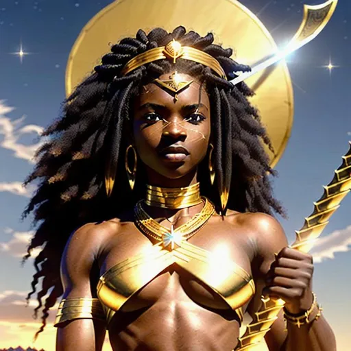 Prompt: (Hyperrealistic highly detailed sharp full body photography of an ebonian warrior princess holding a spear)
Beautiful, big scars, strong-willed, determined eyes, charismatic, leader, brave, inspiring, long hair. Golden necklace, golden headband, warpaint, magical steel spear radiating sunlight.
Epic awesome scenery, savannah, big winding river, early night, stars, moonless, shadows, dark.
Visual effects.