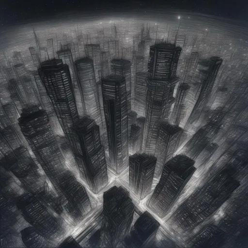 Prompt: photograph of aerial view of sky scrapers at night, dark night sky, starry sky, highly detailed, dark tones, HD, 8k, pencil sketch art