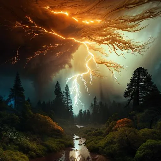 Prompt: landscape: old redwood Forest, 
digital art, subject: ultra detailed beautiful sorceress wearing long billowing dark robes; sword in sheath on hip,. casting a spell near a campfire, it's golden hour and a heavy mist shrouds her, colorful wildflowers along path, a massive storm cell rages overhead, Full shot, lightning, octane render, trending on artstation, deviantart.