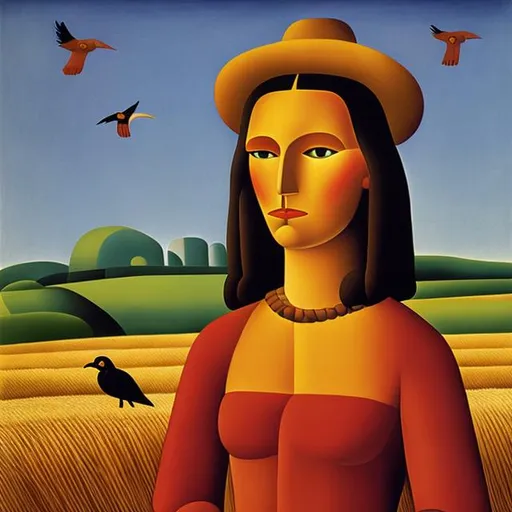 Prompt: The Woman. Tarsila do Amaral self-portrait. Wheat field with crows