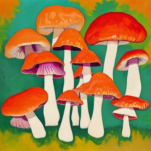 Prompt: create a print painting similar to georgia okeefe or milton avery's 
style that includes mushrooms and uses only earth derived colors
